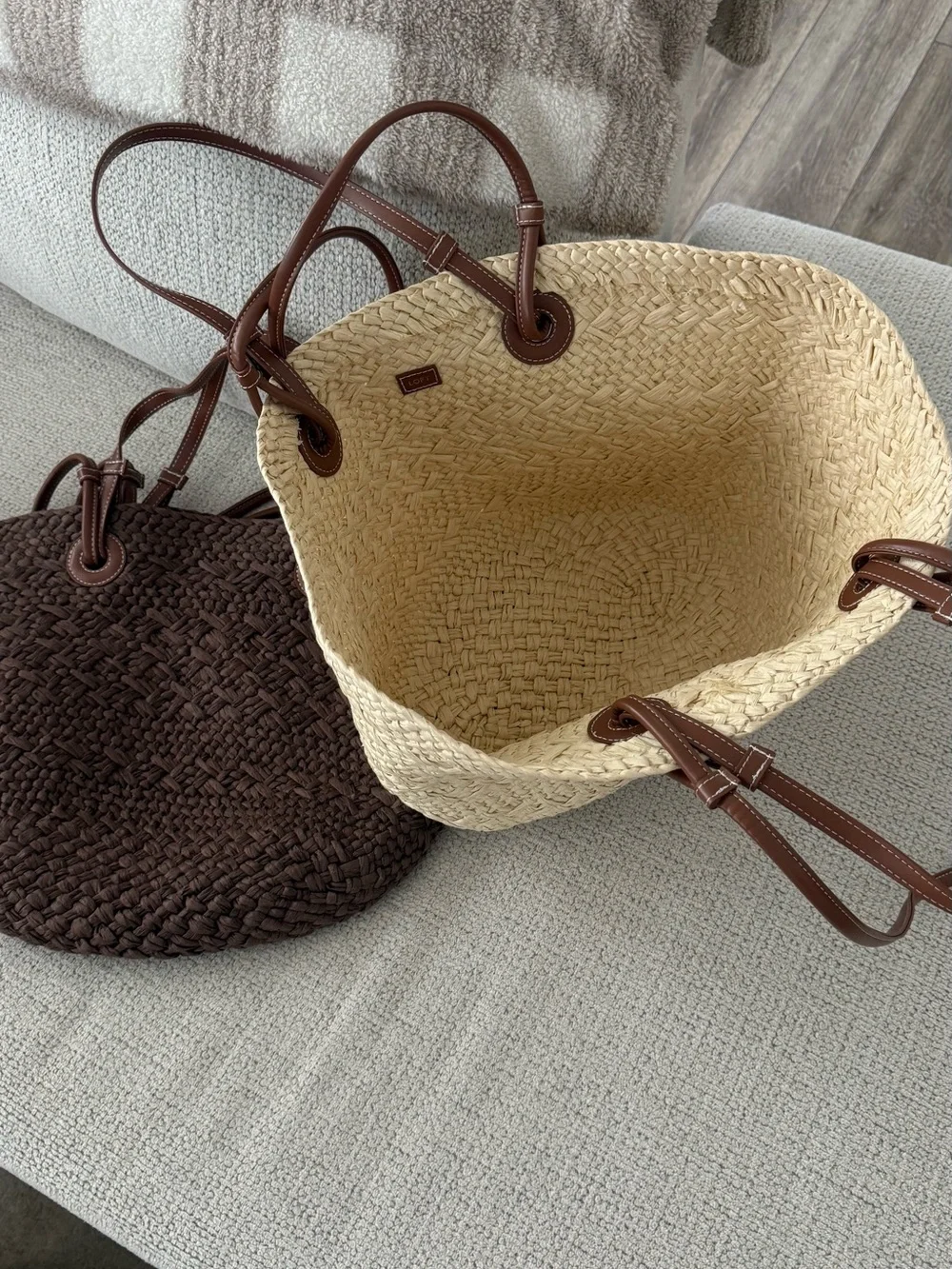 Woven Straw Tote Bag with Brown Leather Handles - Natural / Dark Brown - Picture 2 of 6